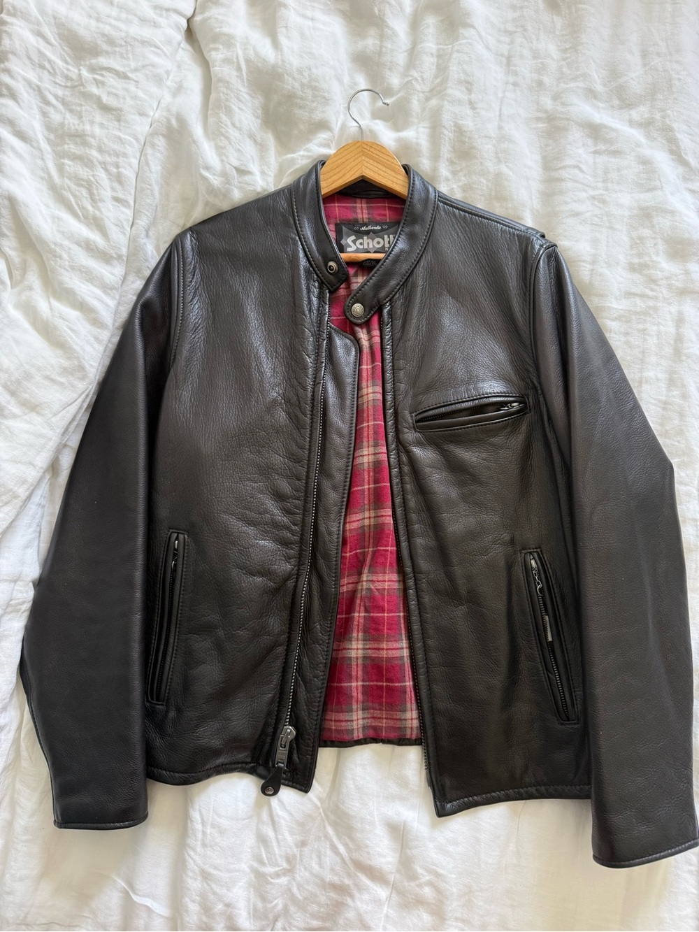 Scott Black Leather Bomber Jacket with Red Plaid Lining